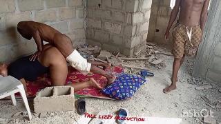 Black men fuck a black woman in a destroyed house