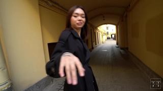An Asian woman comes to her lover and gives him a blowjob.