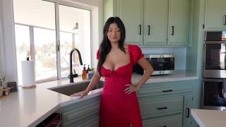 Asian wife catches cum on the fly