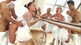 Three ballerinas and a dancer in a training room