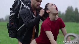 Rape in the forest in front of her husband