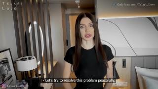 The hotel administrator gives a blowjob to her subordinate.