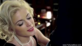 A beautiful blonde gives a blowjob to her beloved boyfriend