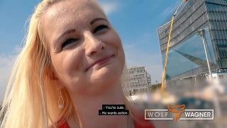 A blonde gives a blowjob to a German man.