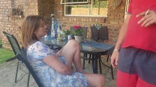 A mature wife and her husband had sex in the yard.